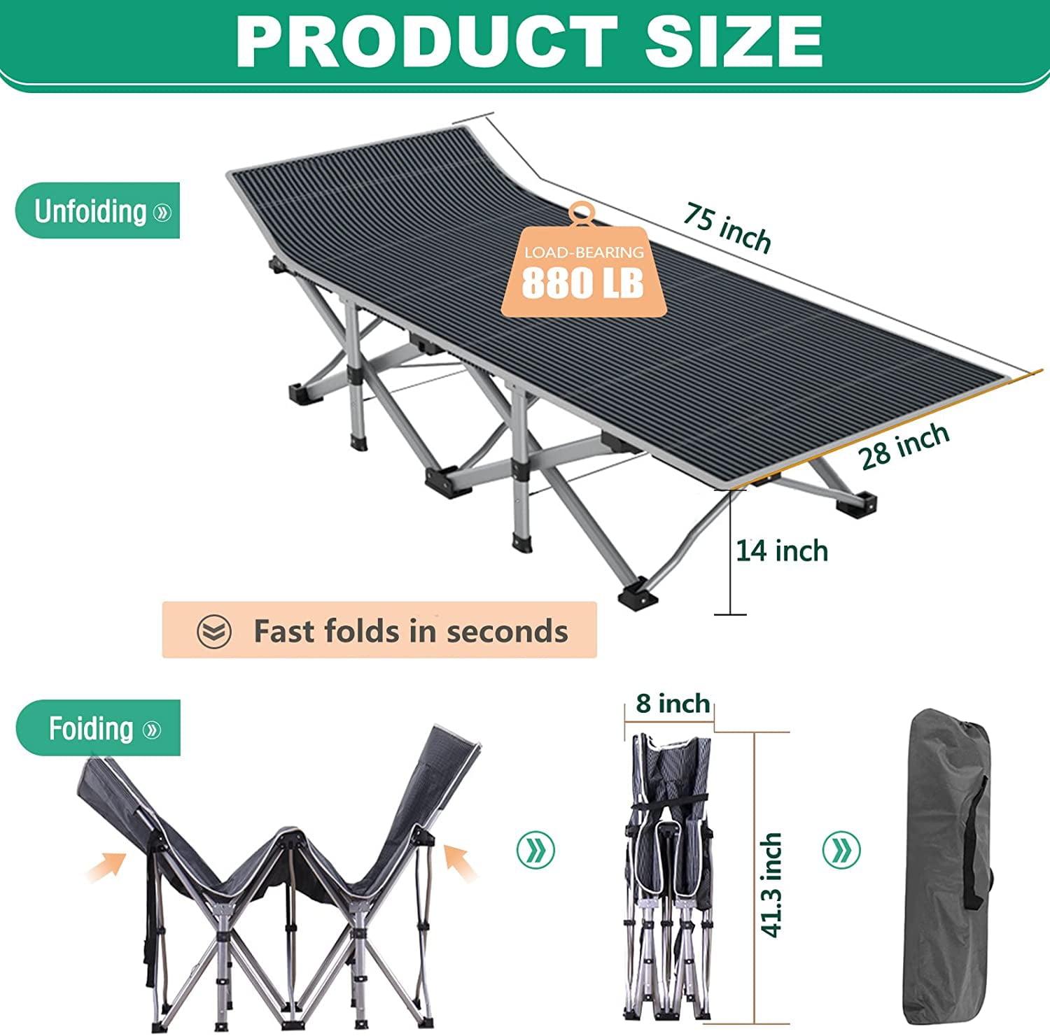 ABORON Folding Camping Cot with 2 Sided Mattress， 75