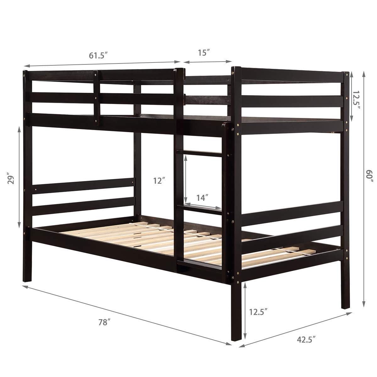 Costzon Twin Bunk Bed, Solid Hardwood Twin Over Twin Bed for Kids with Ladder and Safety Rail