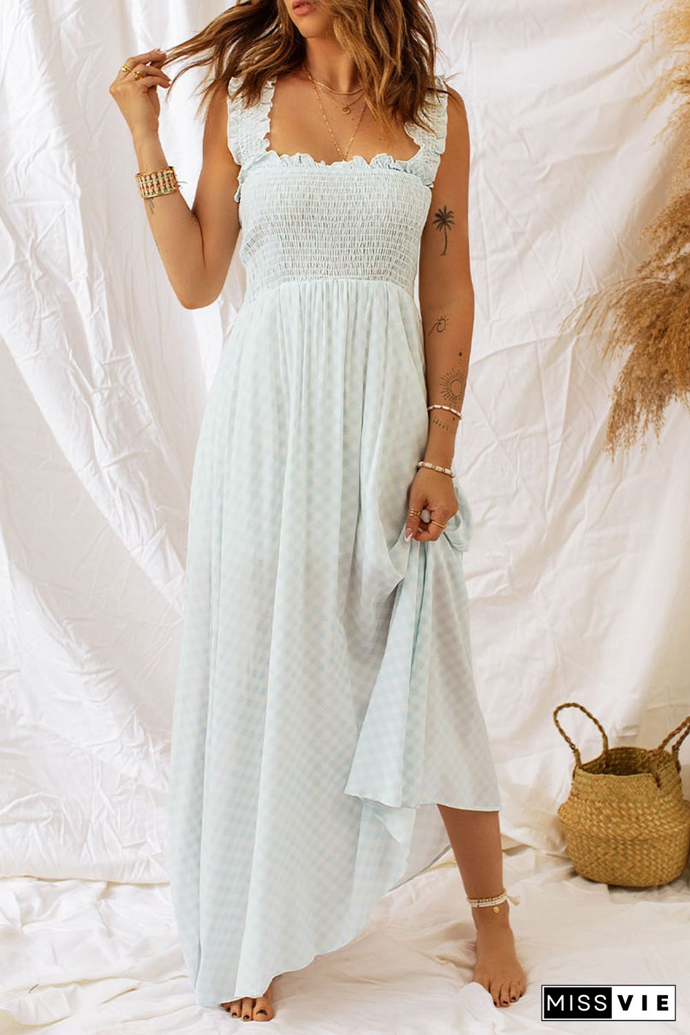 Beige Ruffled Straps Smocked Bodice Maxi Dress