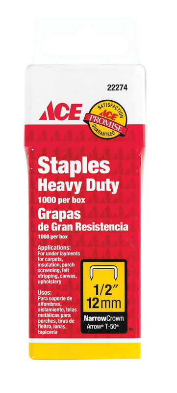 Ace T50 1/2 in. L Narrow Crown Heavy Duty Staples 1000 pk