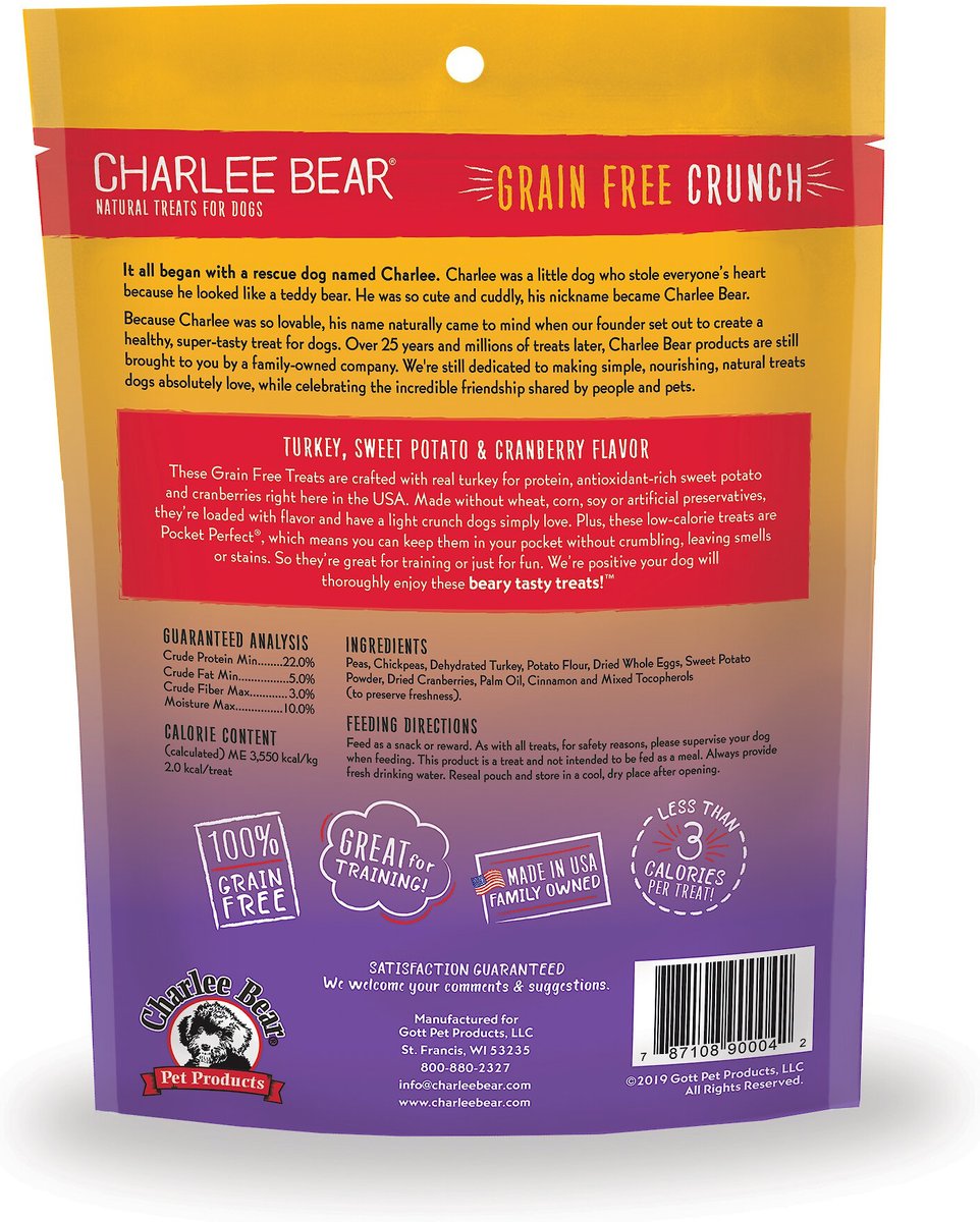 Charlee Bear Natural Bear Crunch Grain-Free Turkey， Sweet Potato and Cranberry Dog Treats