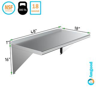 AMGOOD 18 in. x 48 in. Stainless Steel Wall Shelf. Kitchen Restaurant Garage Laundry Utility Room Metal Shelf with Brackets AMG WS-1848