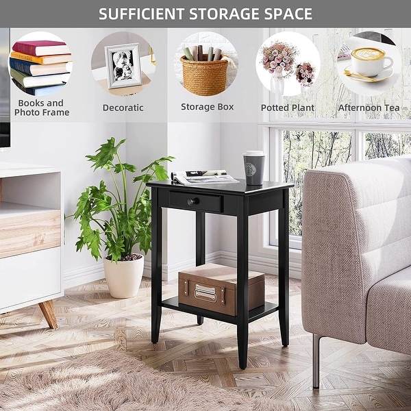 Table with Drawer Black End Table Narrow Bedside Tables with 2-Tier Storage Shelves Versatile Night Stand