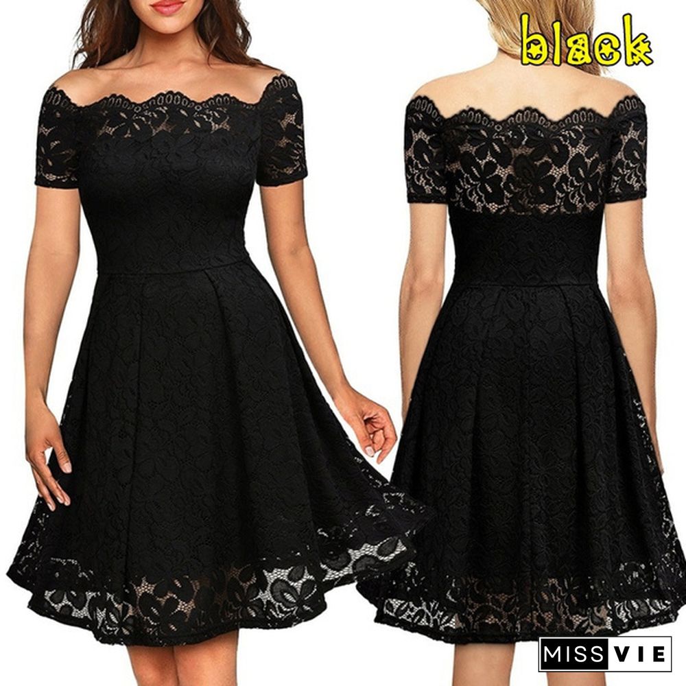 Women's Fashion Floral Lace Dress Female Black Retro Elegant Party Club Dress Evening Gowns Dress Party Prom Dresses Short Sleeve Backless Flare Swing Mini Dress