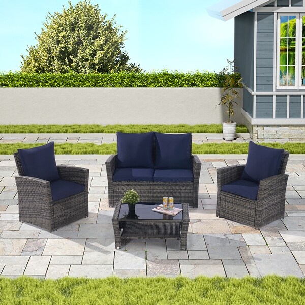 4 Pieces Outdoor Patio Furniture Sets Garden Rattan Chair Wicker Set