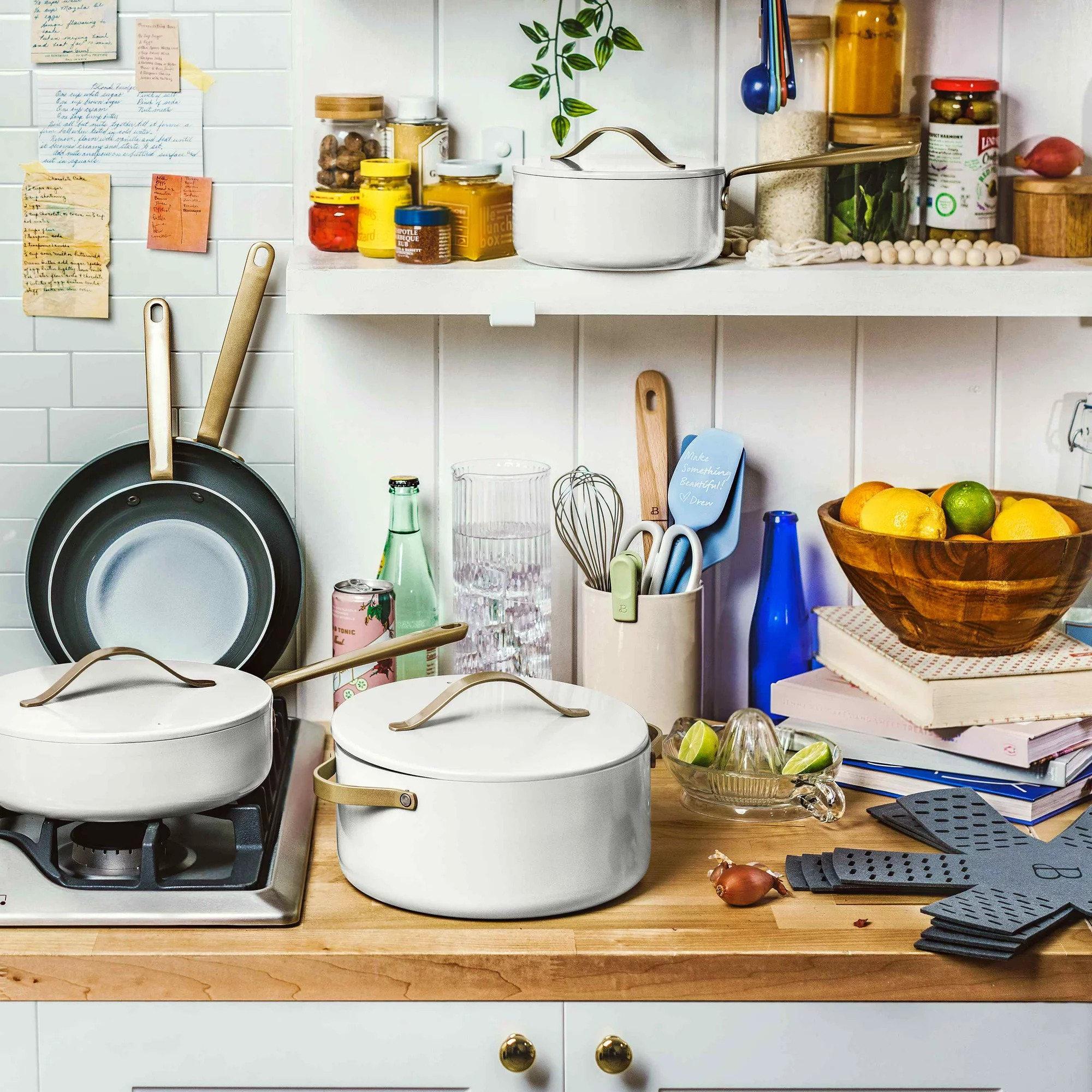 Beautiful 12pc Ceramic Non-Stick Cookware Set， White Icing， by Drew Barrymore