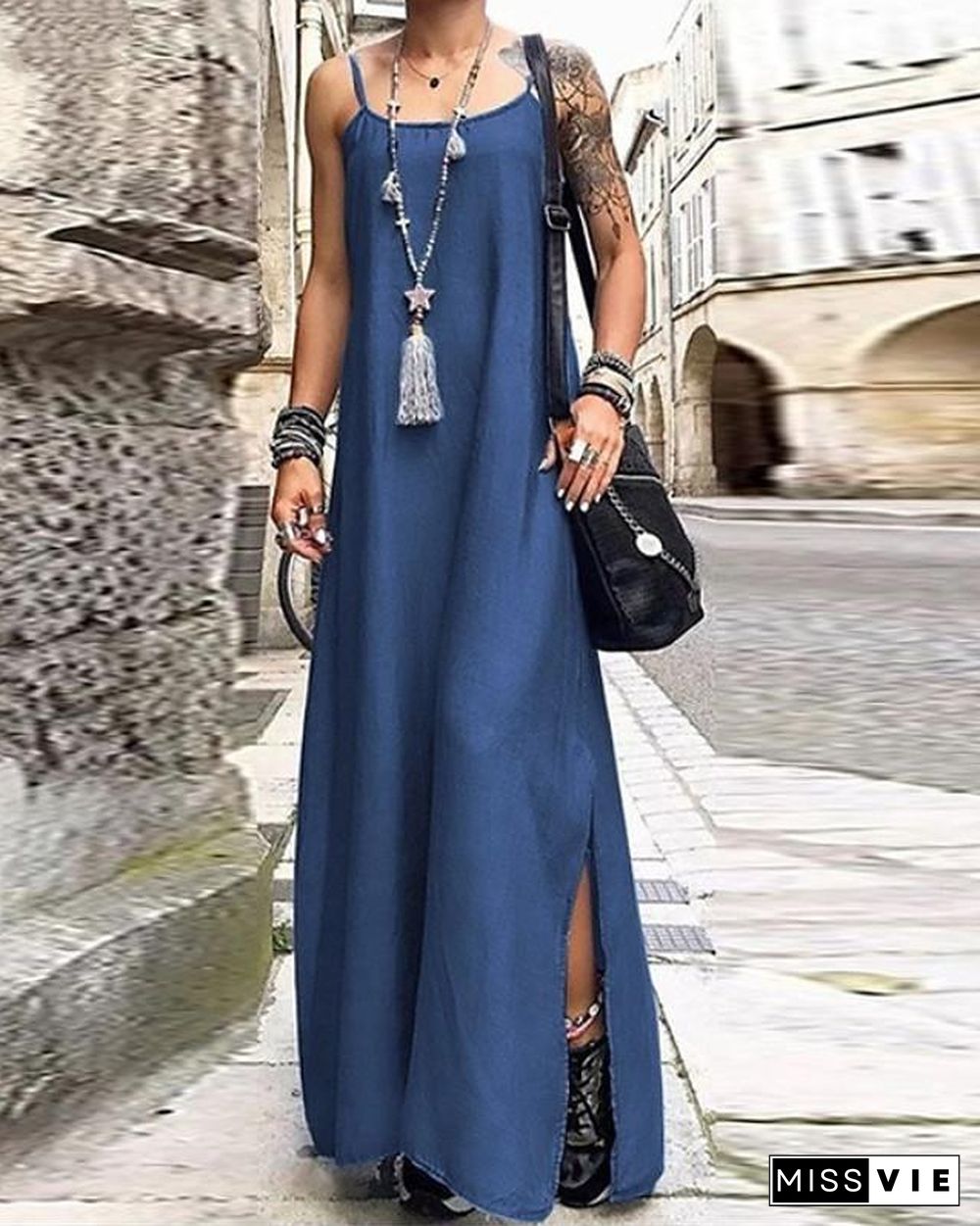 Women's Strap Dress Maxi long Dress Sleeveless Solid Color Summer Casual Dusty Blue Light Blue S M L XL XXL 3XL 4XL 5XL