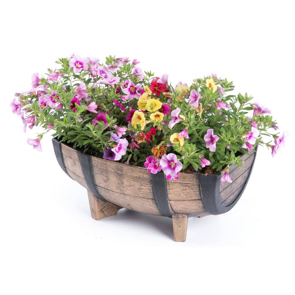 Gardenised Rustic Wood-Look Plastic Half Barrel Flower Pot Garden Planter (Pack of 2) QI003695