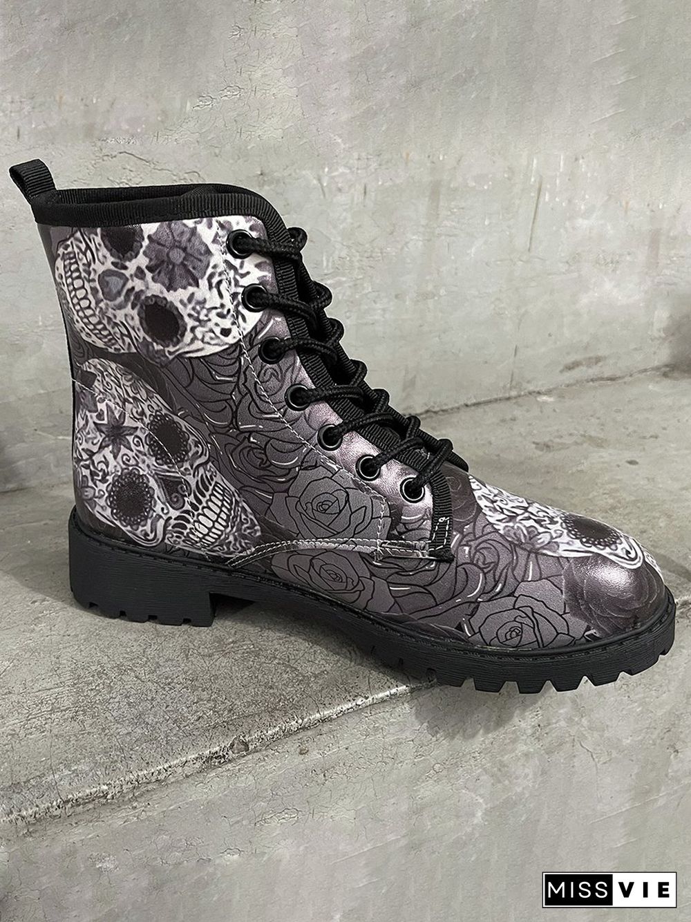 Skull All Season Party Commuting Low Heel PU Pu Lace-Up Height Increasing Boots for Women