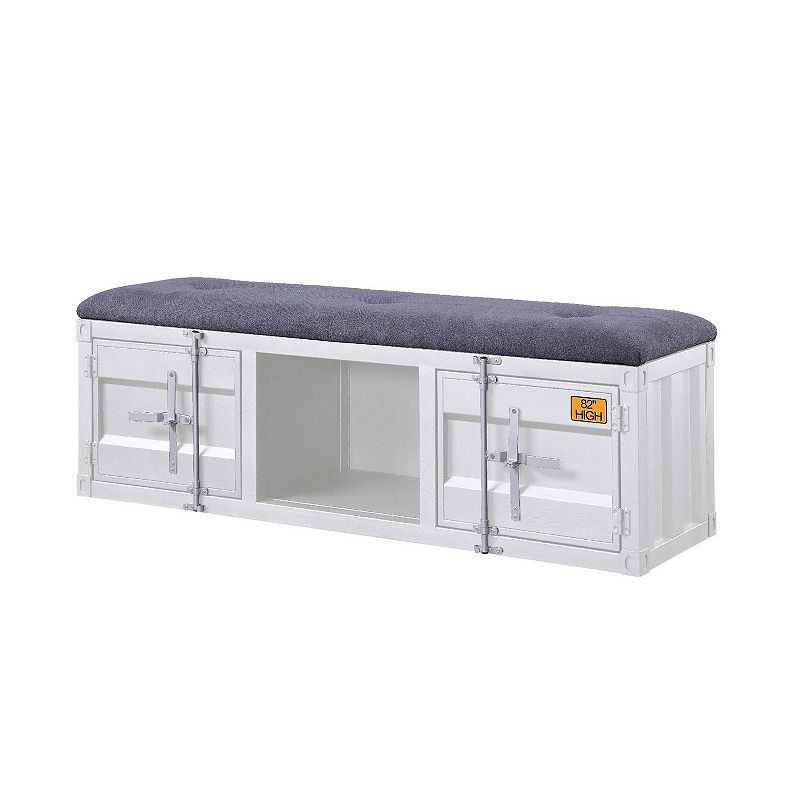 Metal Bench with Open Storage and Tufted Fabric Seat， White and Gray