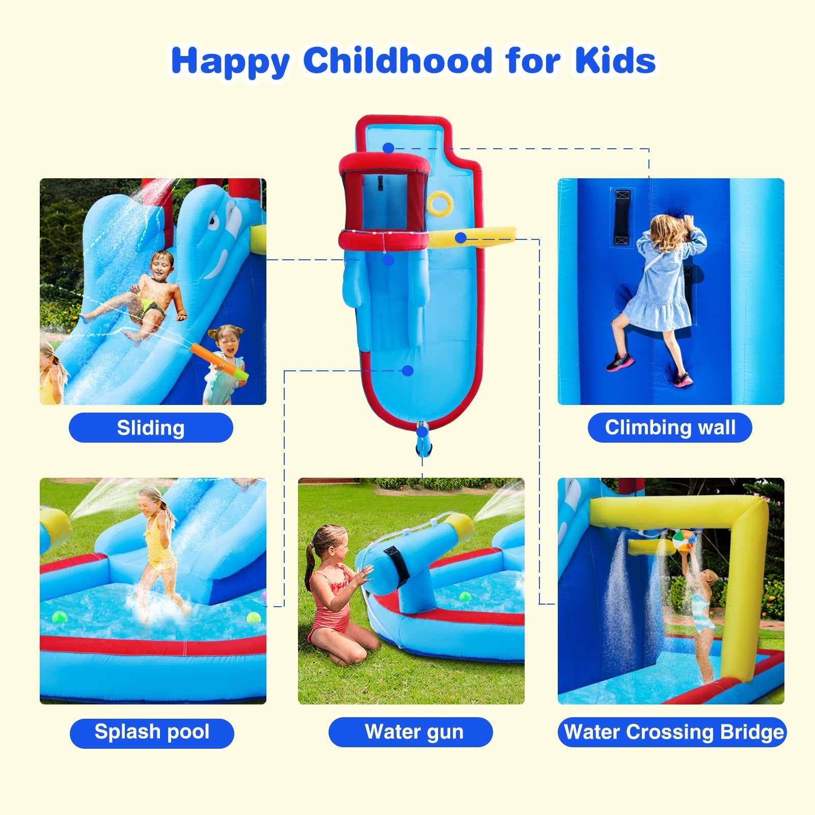 JOYLDIAS Kids Inflatable Bounce House Water Slide Bouncer Playhouse Castle with 3 Water Guns, Splash Pool, Climbing Wall, Basketball Hoop, Bag, Air Blower