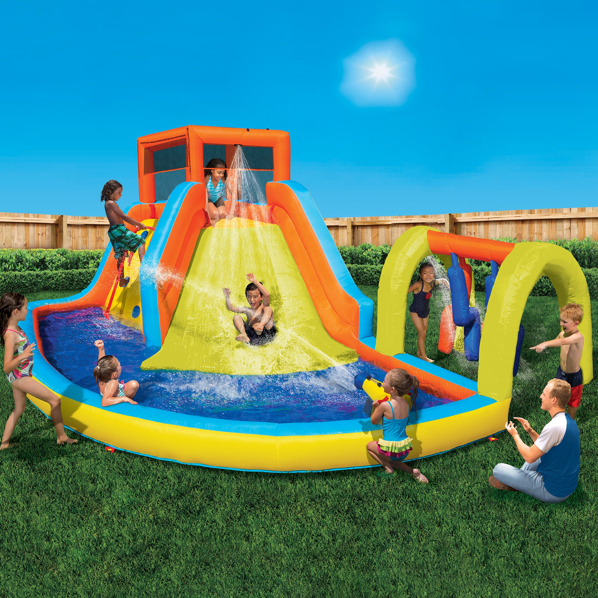 Banzai Inflatable Summit Splash Adventure Water Park W/ Climbing Wall & Rope, Water Cannon, Sprinkler