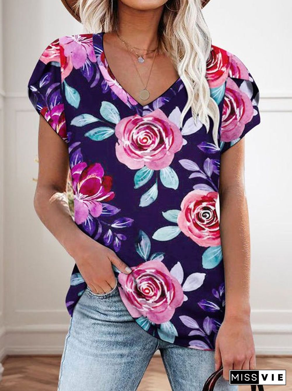 Women'S T-Shirts Floral Print V-Neck Short Sleeve T-Shirt