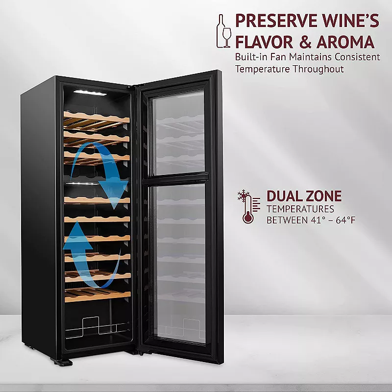 44-Bottle Dual Zone Wine Cooler， Freestanding Wine Fridge with Lock