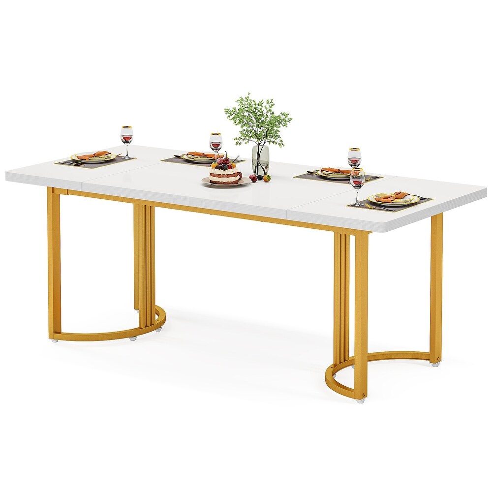 Modern Dining Table for 6 to 8  71 Inch White Kitchen Table with Gold Base  Rectangular Dinner Table for Dining Room