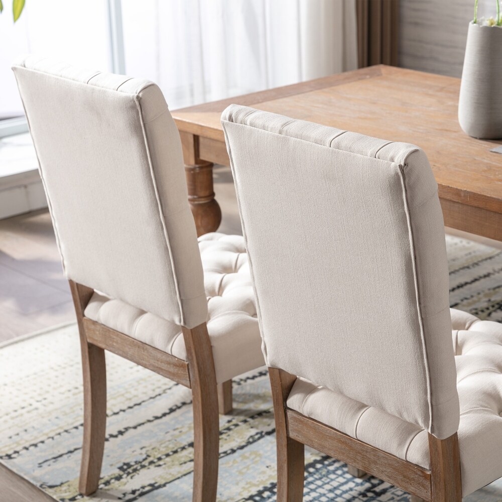 Wooden Frame Dining Chairs Set of 2 Side Chairs  Linen Fabric Upholstered Accent Chairs with Tufted Button Backrest