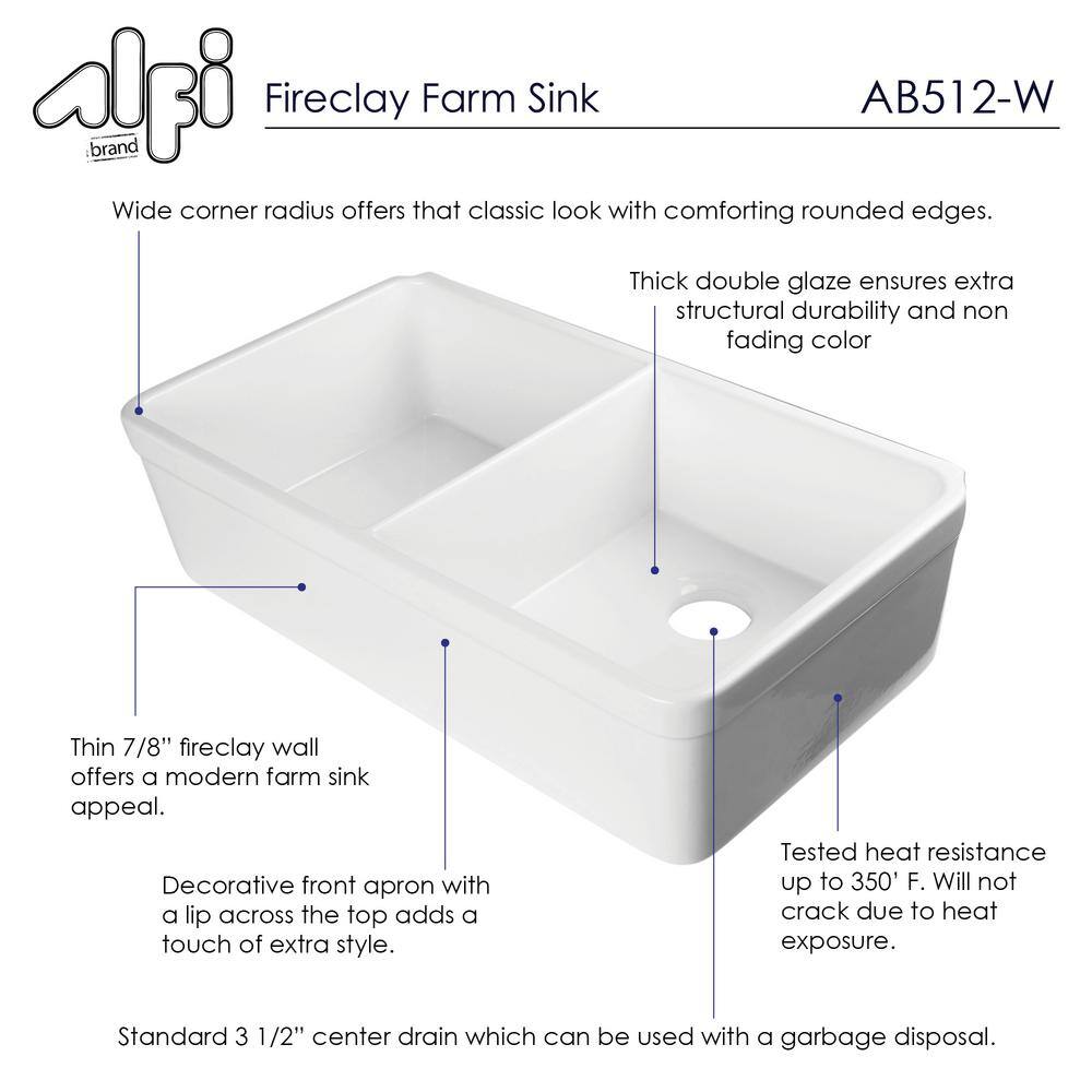 ALFI BRAND Decorative Lip Farmhouse Apron Fireclay 32 in. Double Basin Kitchen Sink in White AB512-W