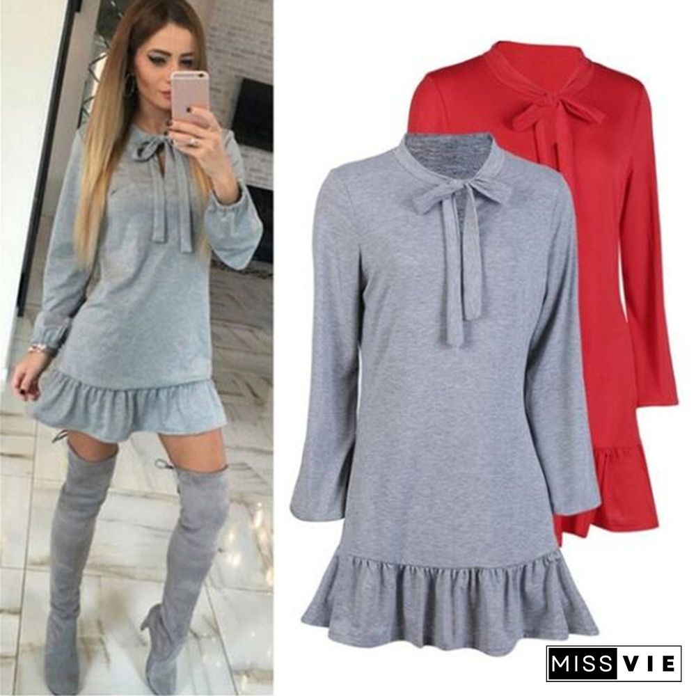 Spring Autumn Women's Fashion Long Sleeve Round Neck Dress Bow Loose Irregular Hem Dresses Sexy Mini Dress