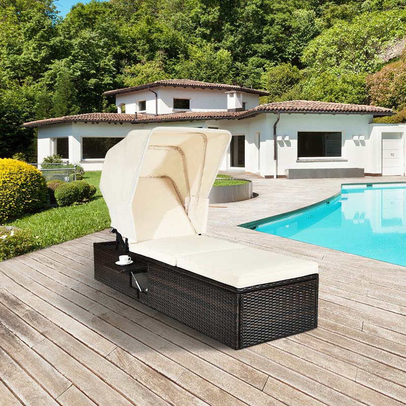 Cushioned Rattan Outdoor Chaise Lounge Chair Sun Lounger 5-Position with Folding Canopy & Flip-up Tea Table