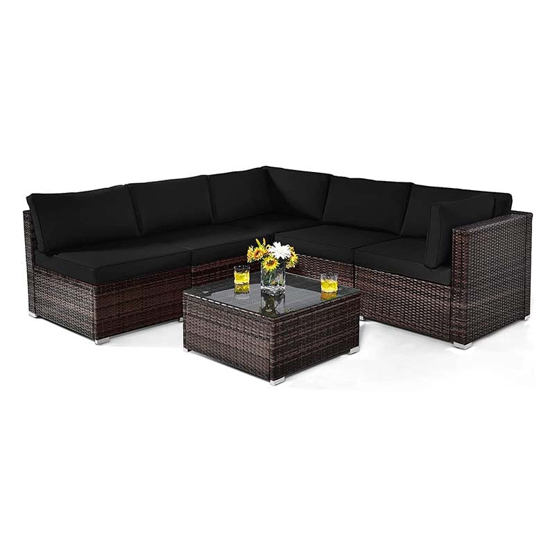 6 Pcs Rattan Patio Sectional Sofa Set Outdoor Conversation Furniture Set with Cushions & Glass Coffee Table