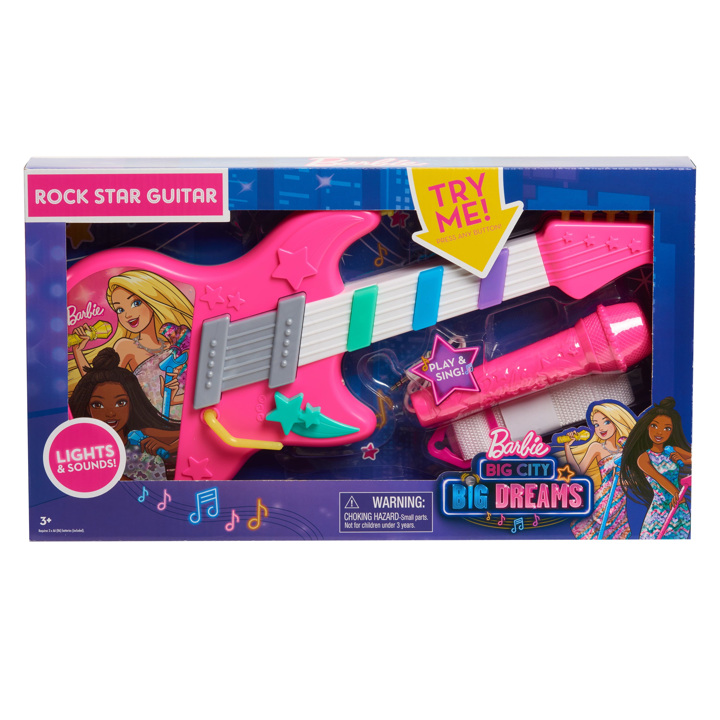 Barbie Rock Star Guitar， Interactive Electronic Toy Guitar with Lights， Sounds， and Microphone，  Kids Toys for Ages 3 Up， Gifts and Presents