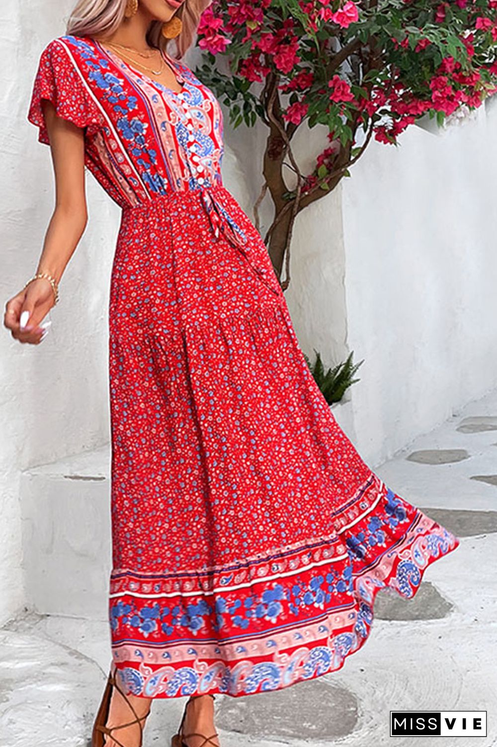 Red Floral V Neck Buttoned Bohemian Maxi Dress