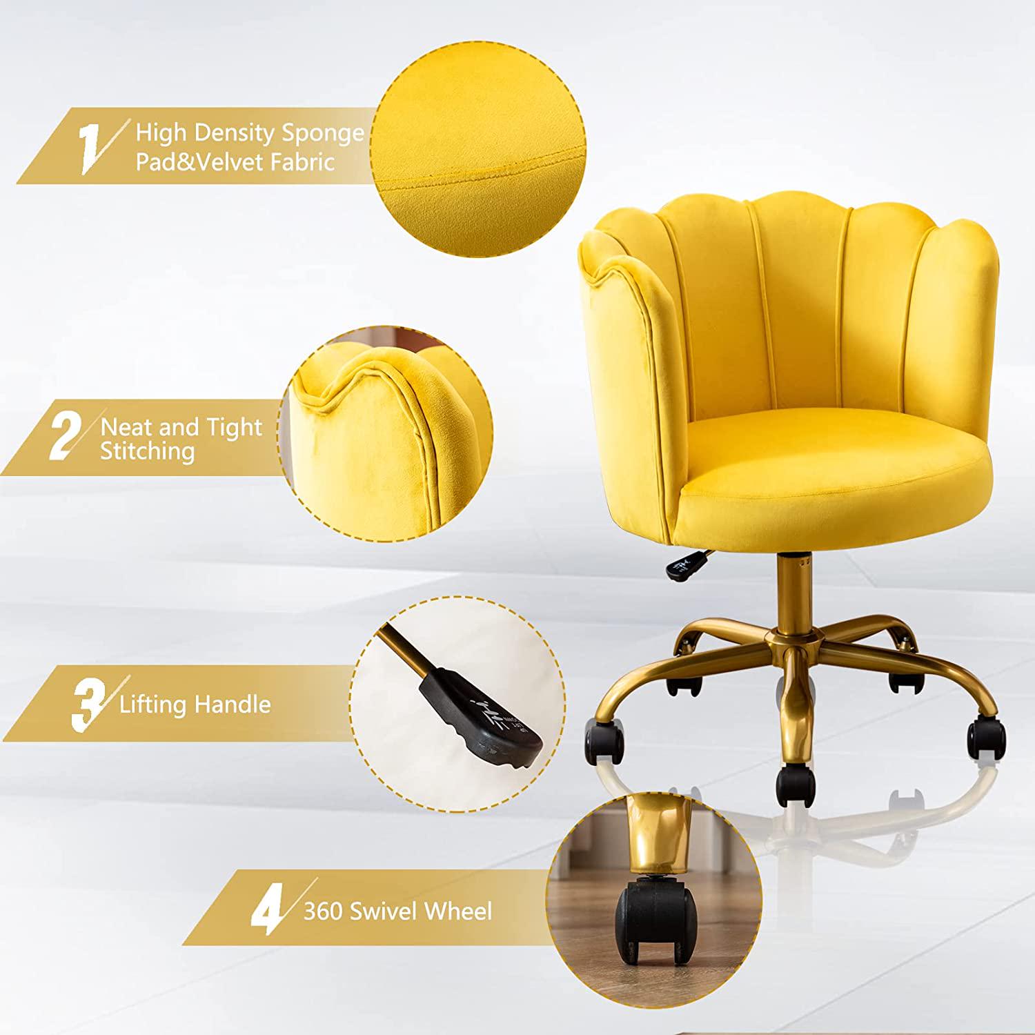 Office Task Chair， Comfortable Velvet Desk Chair Upholstered Swivel Rolling Vanity Chair Height Adjustable for Makeup Room， Living Room， Bedroom， Yellow