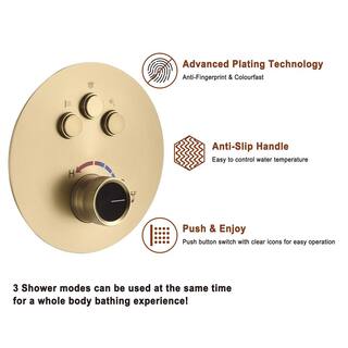 Mondawe Pressure Balanced 3-Spray Patterns 12 in. Wall Mounted Rainfall Dual Shower Heads with 6 Body Spray in Brushed Gold WF6823-12BG