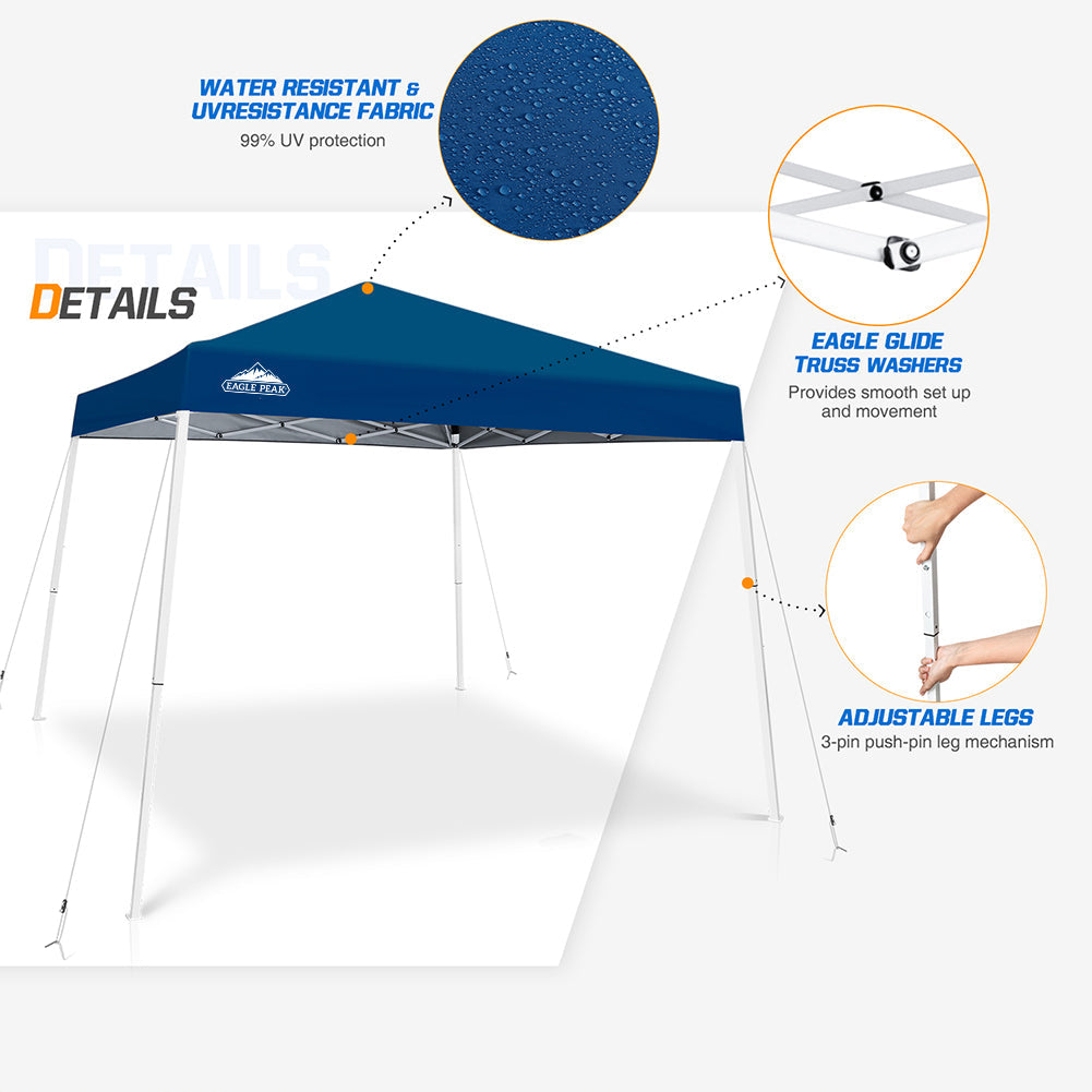 EAGLE PEAK 10' x 10' Slant Leg Pop-up Canopy Tent Easy One Person Setup Instant Outdoor Canopy Folding Shelter with 64 Square Feet of Shade (Dark Blue)