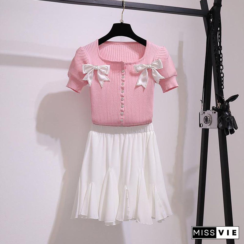 Cute Bowknot Tee+Pleated Skirt P11146