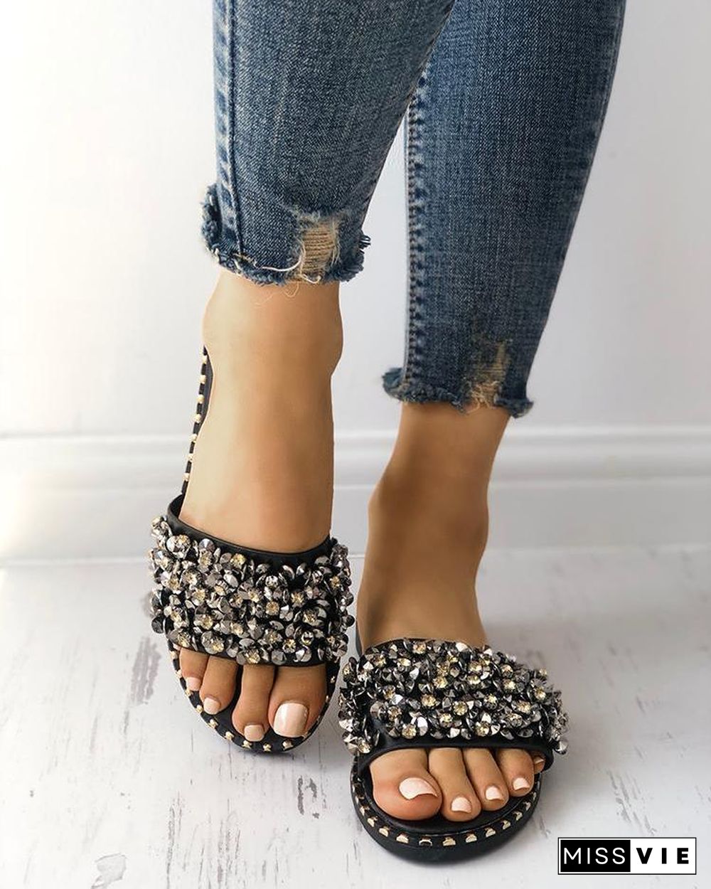 Rhinestone Decor Quilted Open Toe Slippers