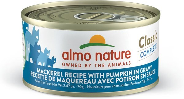 Almo Nature Classic Complete Premium Mackerel Recipe with Pumpkin in Gravy Grain-Free Wet Cat Food， 2.47-oz can， case of 12