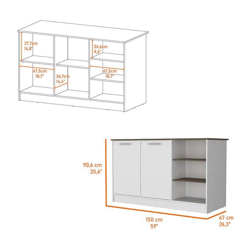 Gladiolus Kitchen Island， Two Cabinets， Three Open Shelves