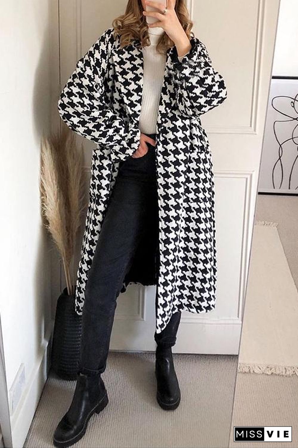 Houndstooth Lapel Woolen Coat