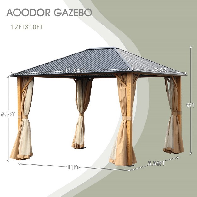 Aoodor Wood Grain Aluminum Gazebo Hardtop Black Steel Roof With Curtain amp netting