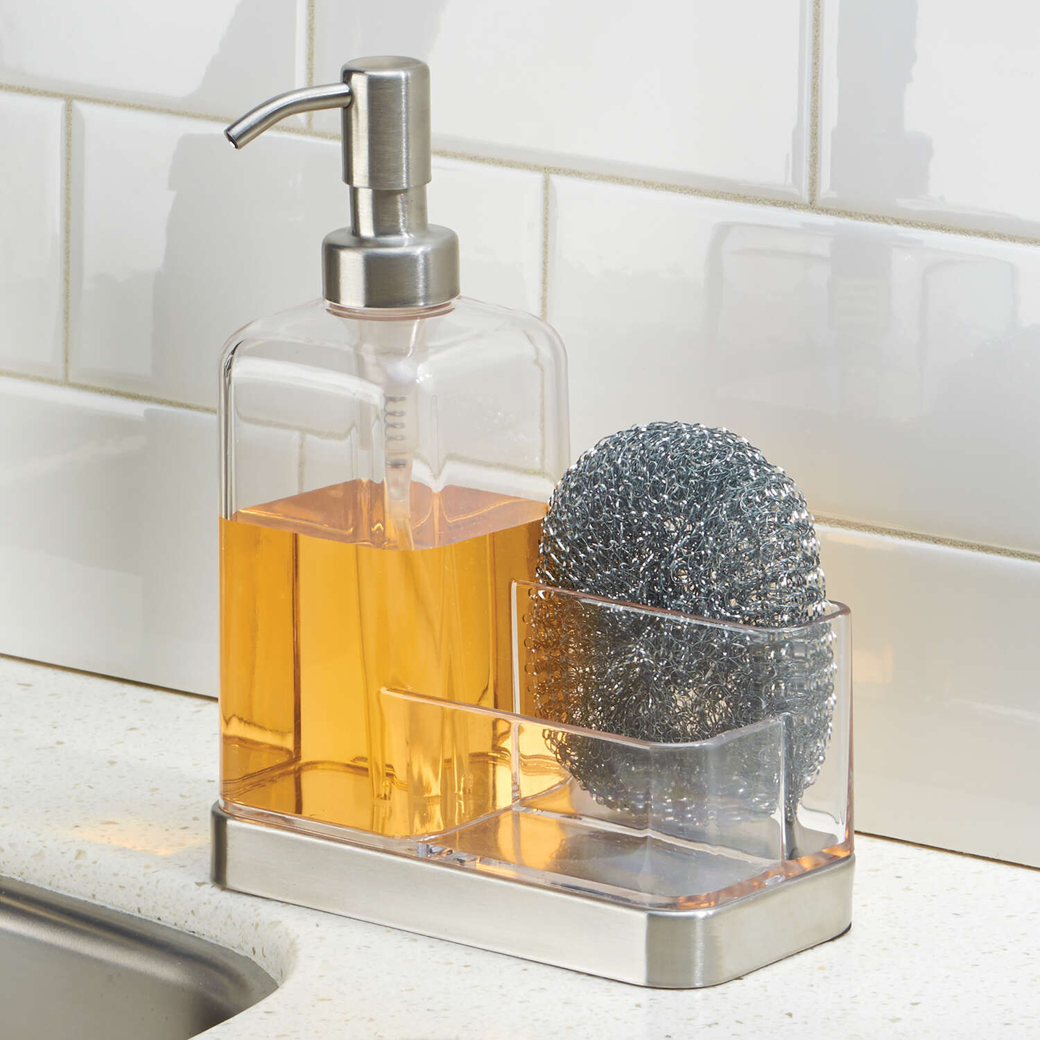 InterDesign Forma Clear Stainless Steel Soap and Sponge Caddy