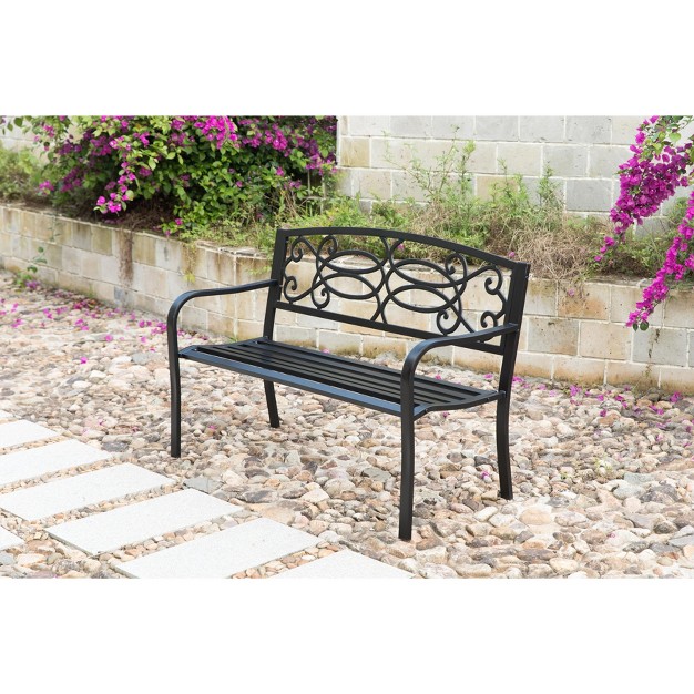 Gardenised Steel Outdoor Patio Garden Park Seating Bench With Cast Iron Scrollwork Backrest Front Porch Yard Bench Lawn Decor