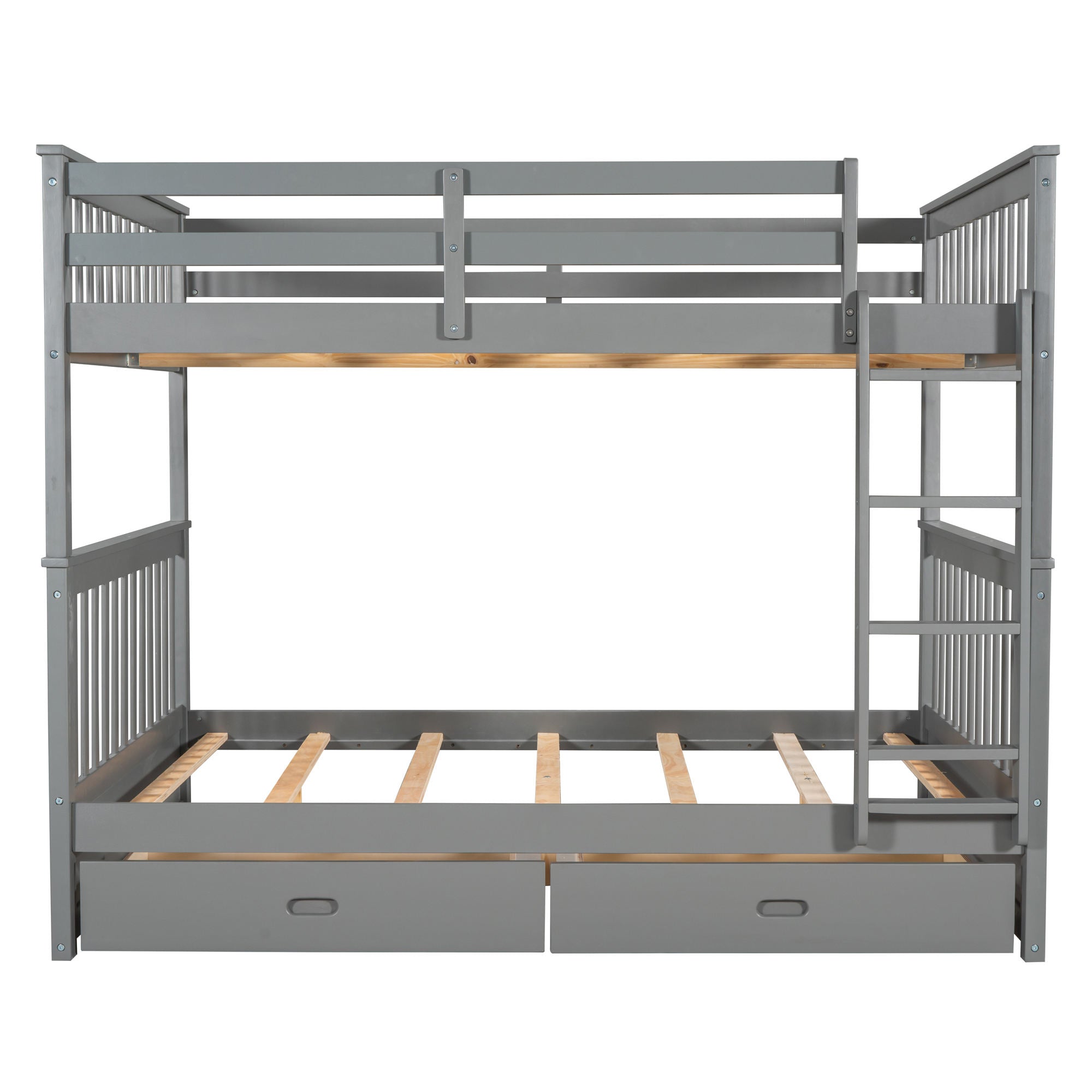 Wood Full Over Full Bunk Bed with Two Storage Drawers and Ladders for Kids Adults,Gray