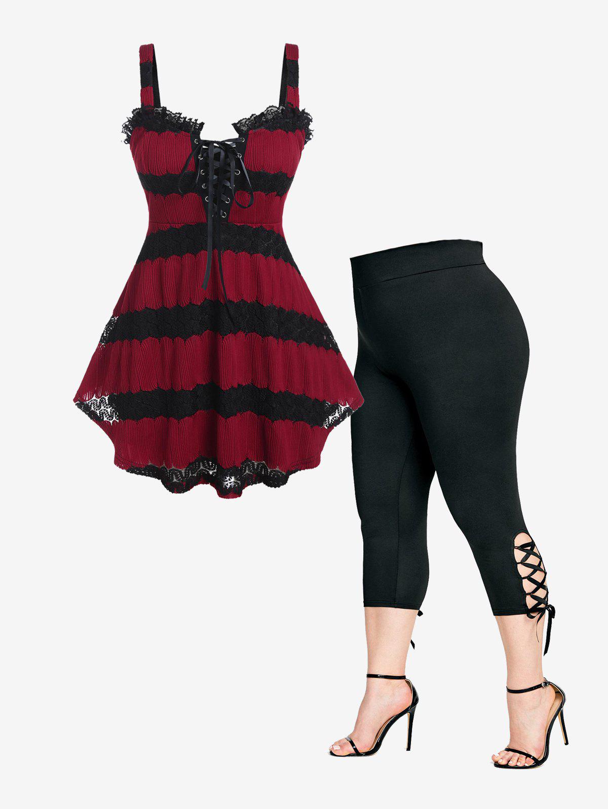 Lace Panel Two Tone Tank Top with Lace-up and Lace Up High Waisted Leggings Plus Size Outfit