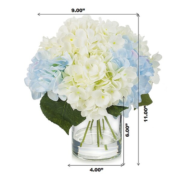 Enova Home Mixed Blue Cream Artificial Hydrangea Silk Flowers Arrangement in Clear Glass Vase with Faux Water for Home Decór