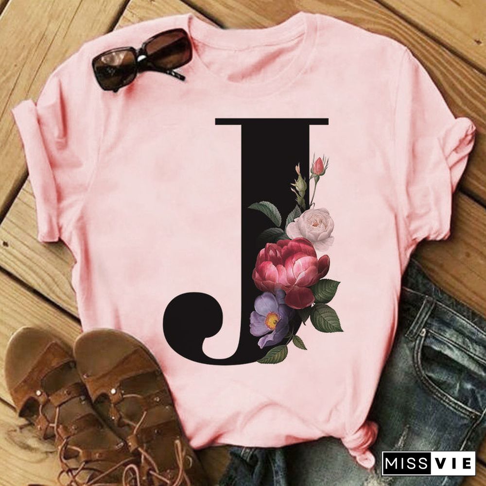 26 Letter Alphabet A-Z Women T-Shirts Fashion Breathable Flowers Short Sleeve Casual Tops Couple Basic Tee Crew Neck Clothes Top