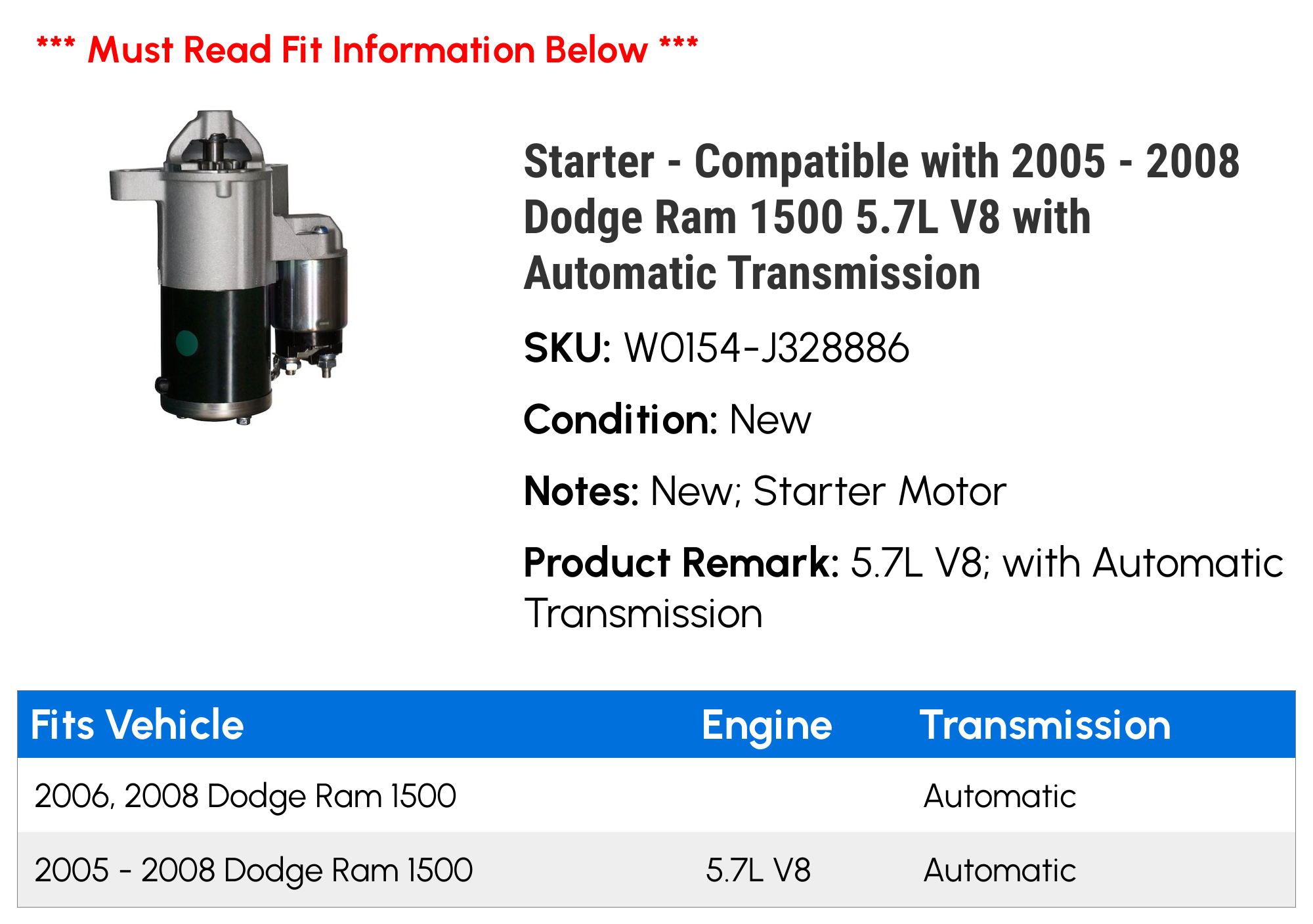 Starter - Compatible with 2005 - 2008 Dodge Ram 1500 5.7L V8 with Automatic Transmission 2006 2007