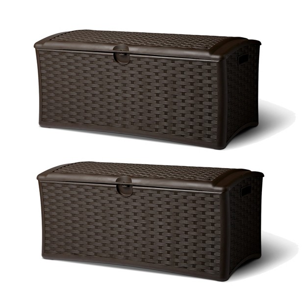 Suncast 72 Gallon Resin Wicker Outdoor Patio Storage Deck Box Brown 2 Pack