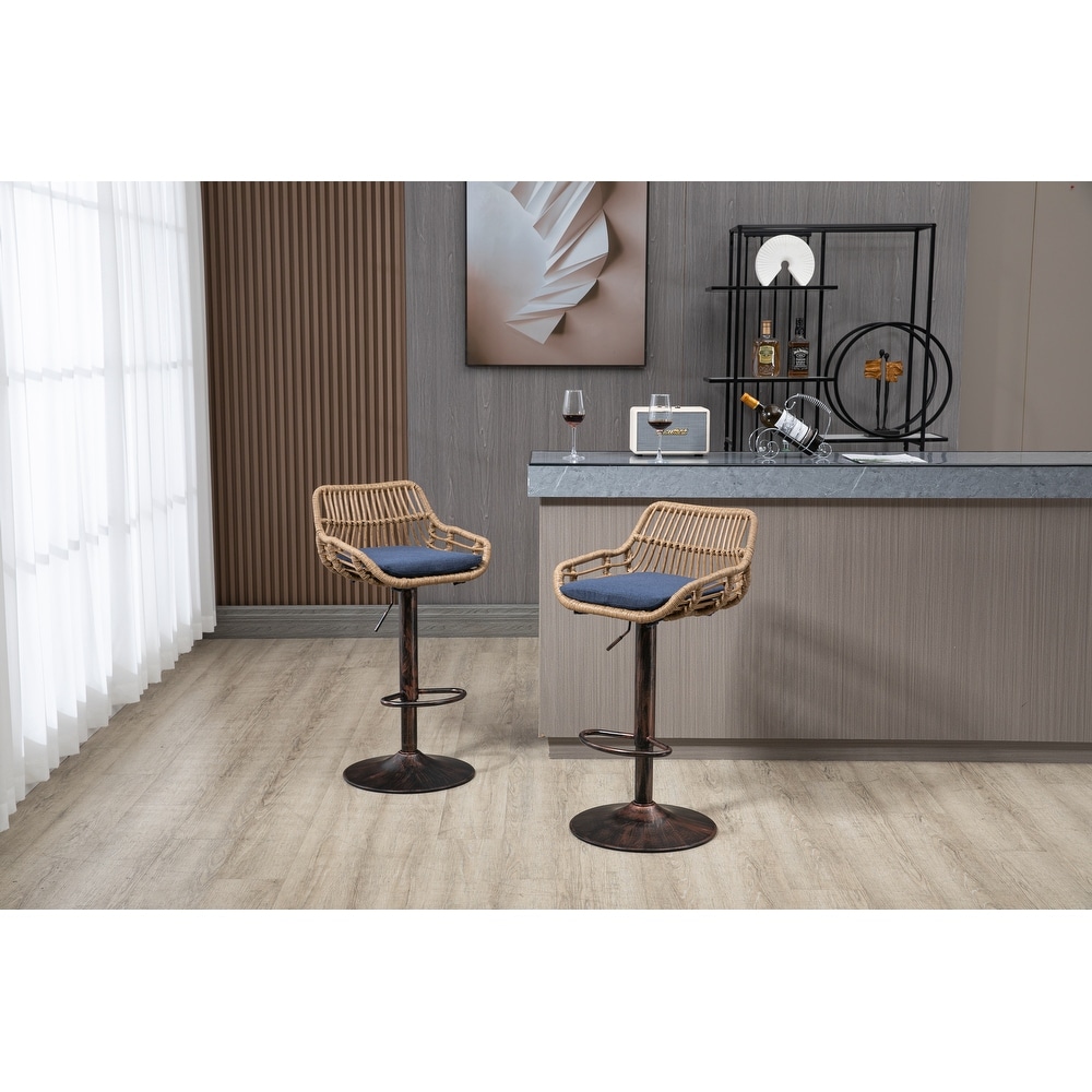 2pcs Swivel Bar Stools Adjustable Counter Height Chairs with Rattan Back and Footrest for Kitchen Island Dining Chair  Blue