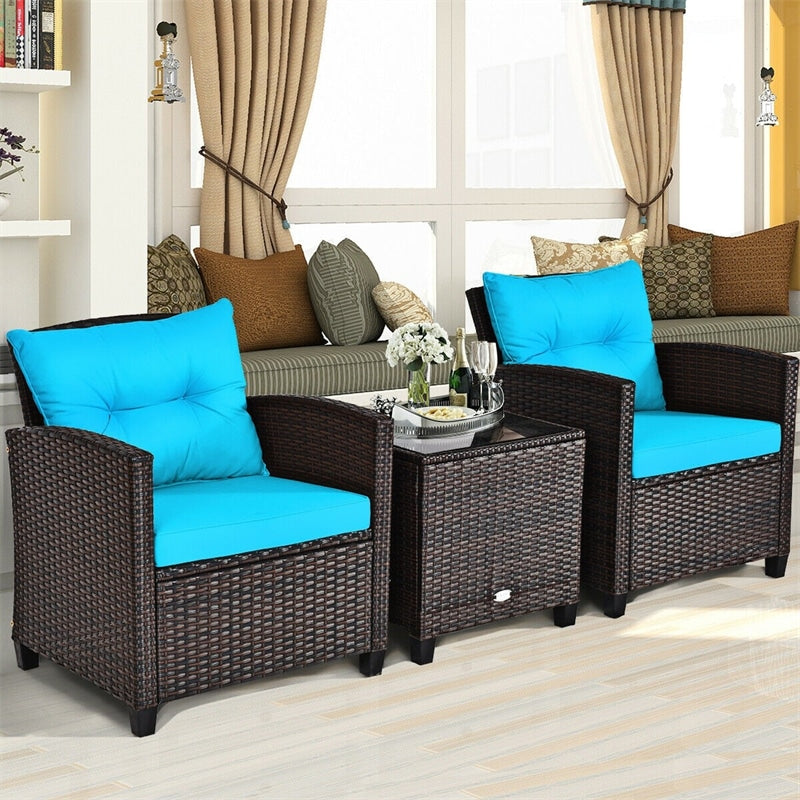 3 Pcs Rattan Patio Conversation Set Outdoor Wicker Sofa Set with Washable Cushions & Coffee Table