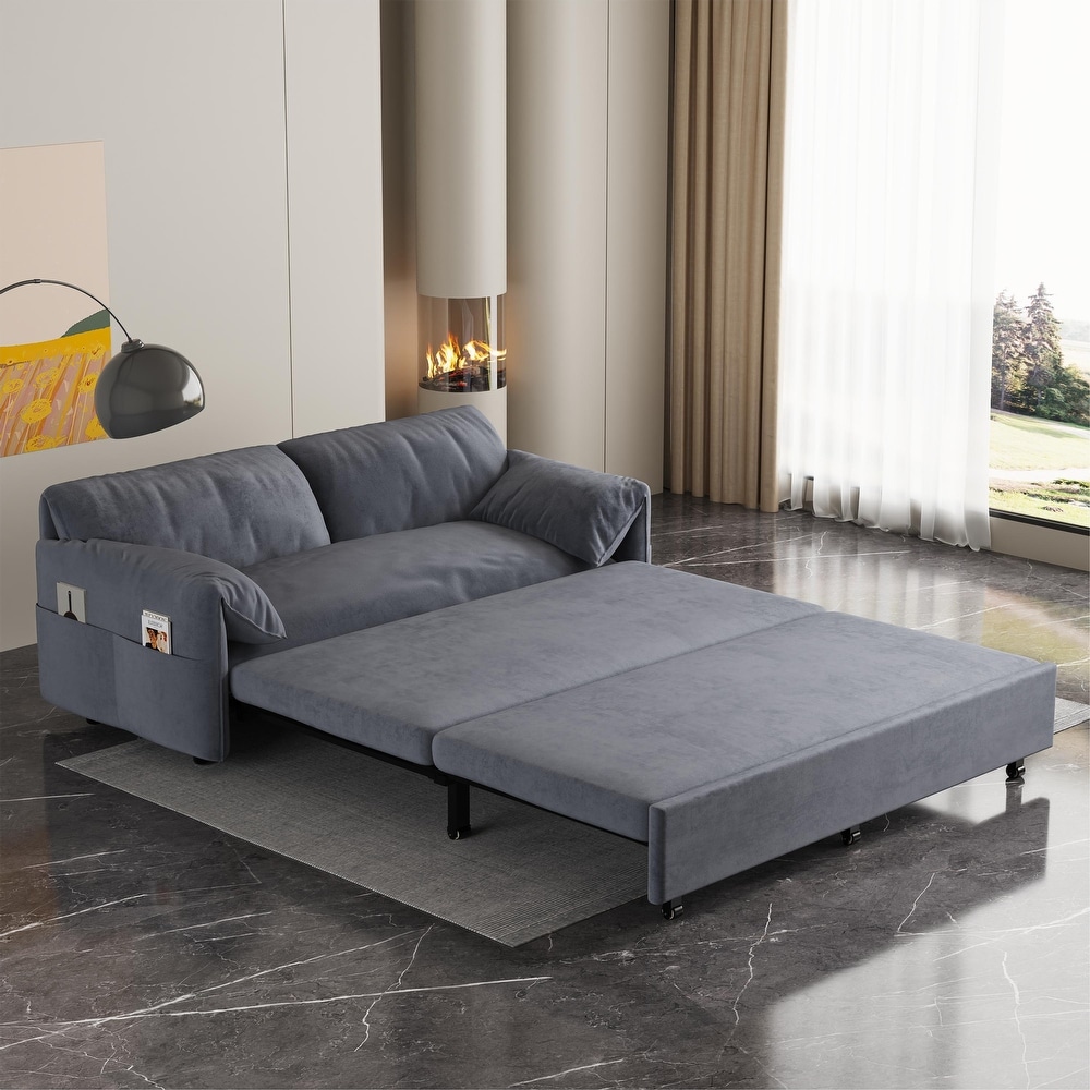 Queen Pull Out Sofa Bed  3 in 1 Convertible Sleeper Sofa with Side Storage and 2 Soft Pillows