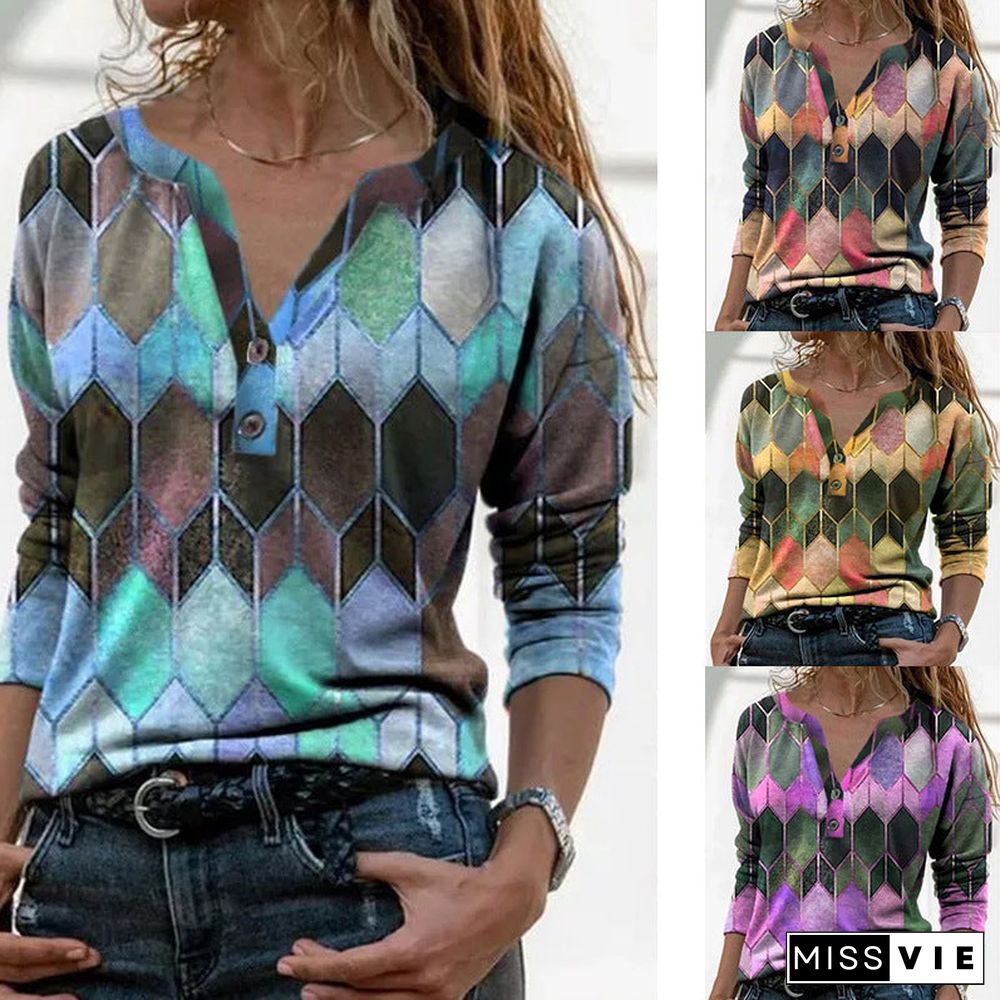 Women's Long Sleeve Printed V-neck Pullover Loose Blouses