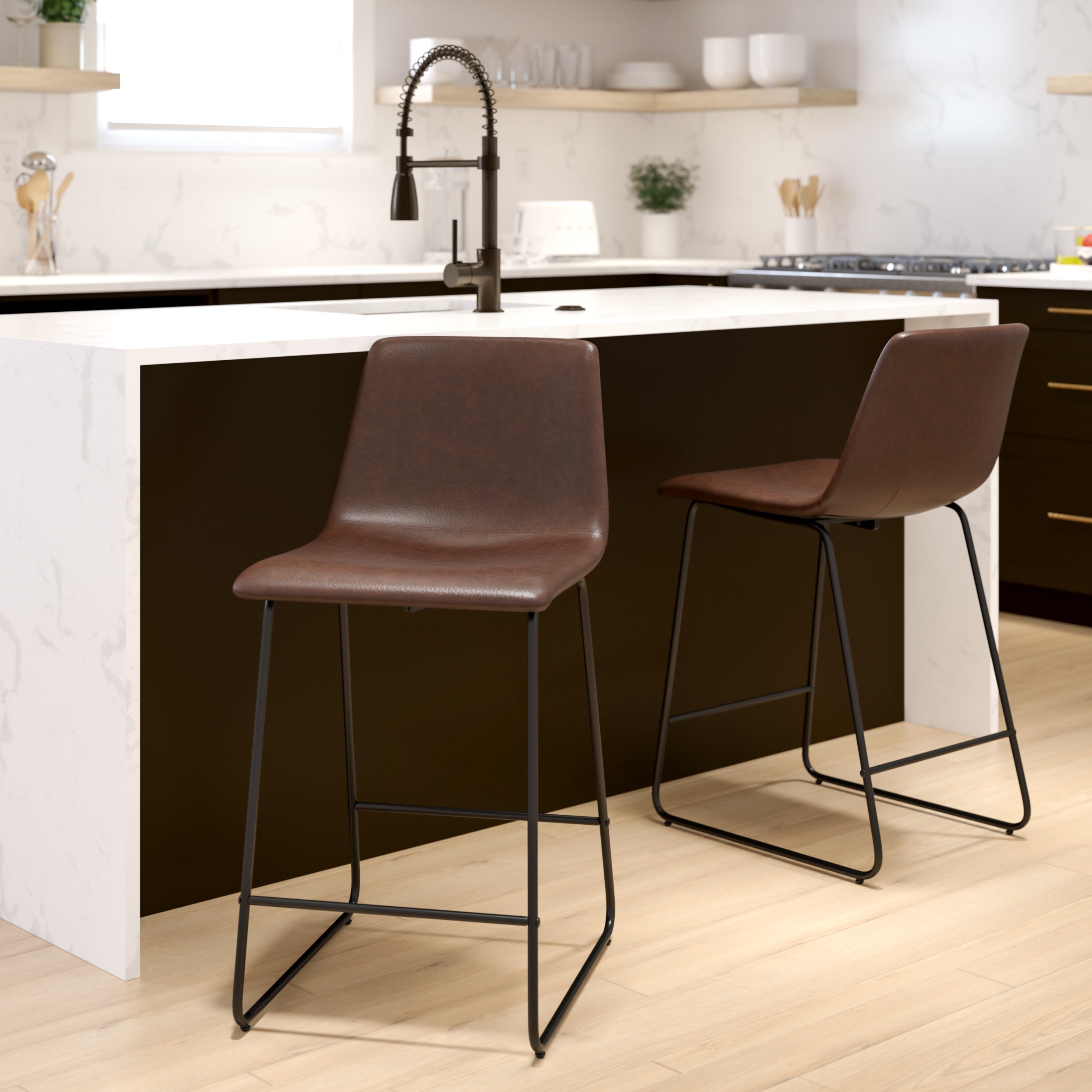 Modern Brown Bonded Leather with Metal Sled Base Counter Height Dining Stools