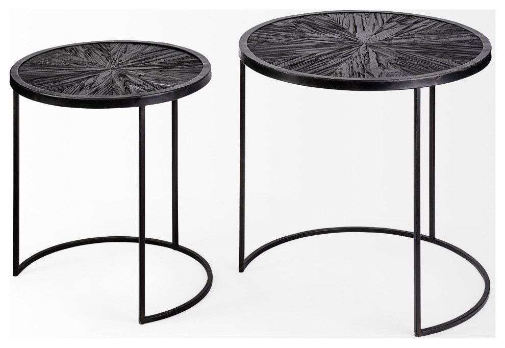 Chakra Dark Brown Solid Wood w/ Black Metal Frame Round Accent Tables (Set of 2)   Industrial   Coffee Table Sets   by Mercana  Houzz