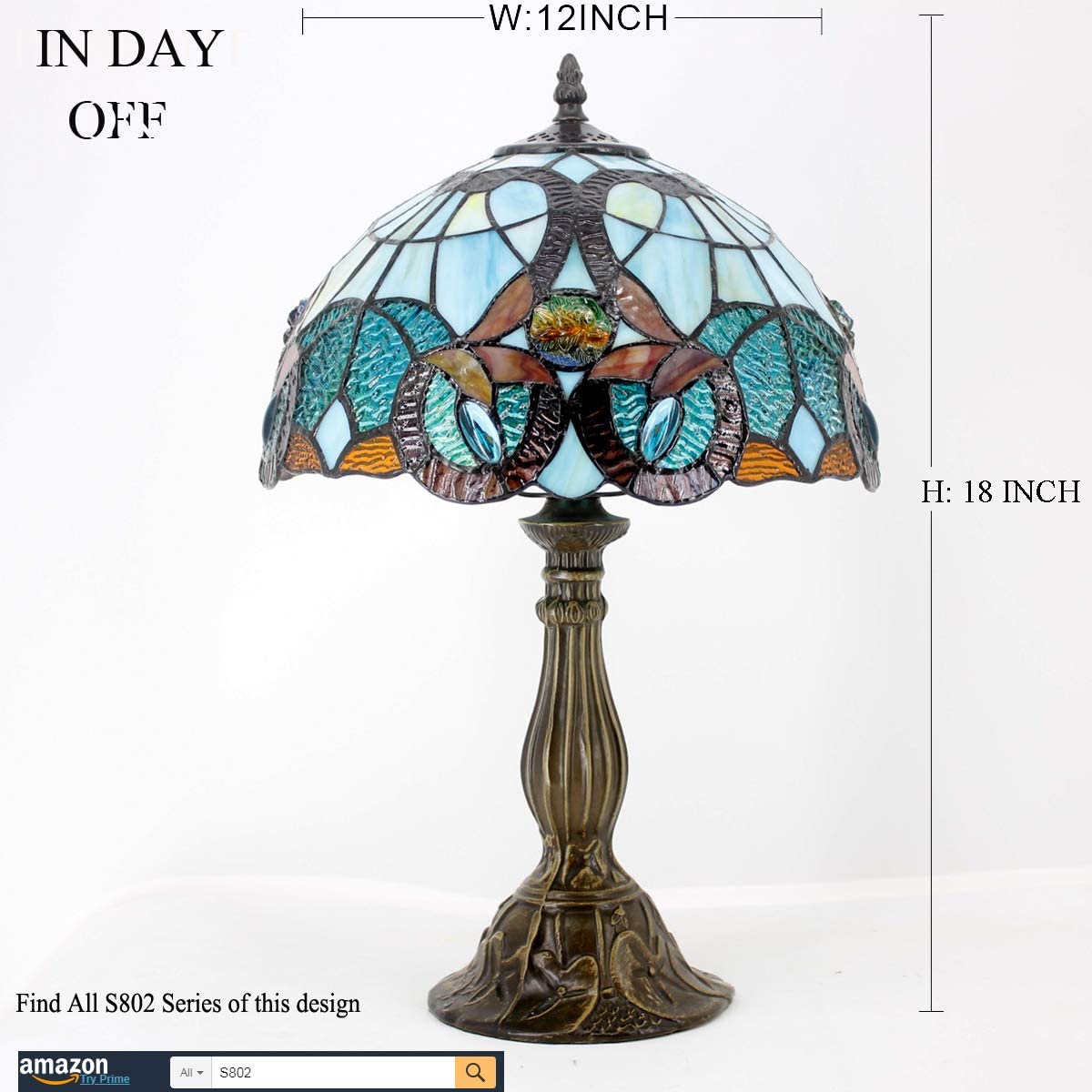 SHADY Tiffany Table Lamp Stained Glass Bedside Lamp Green Blue Floral Desk Reading Light 12X12X18 Inches Decor Bedroom Living Room Home Office S802 Series